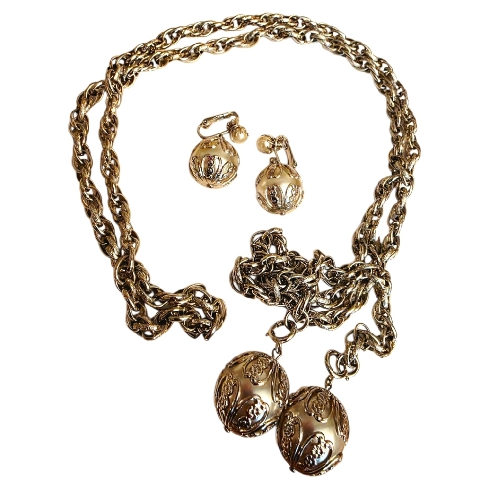 Vintage Sarah Coventry Silver-Tone Double Chain Necklace & Clip-On Earrings Set